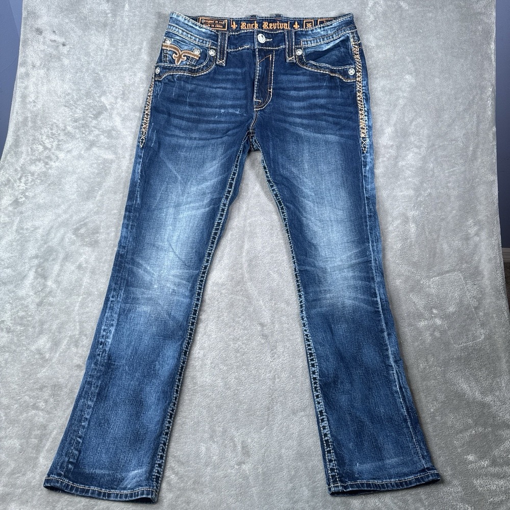 Rock Revival Jeans Mens 36x32 Leather Inserts Straight Jed Western Dark